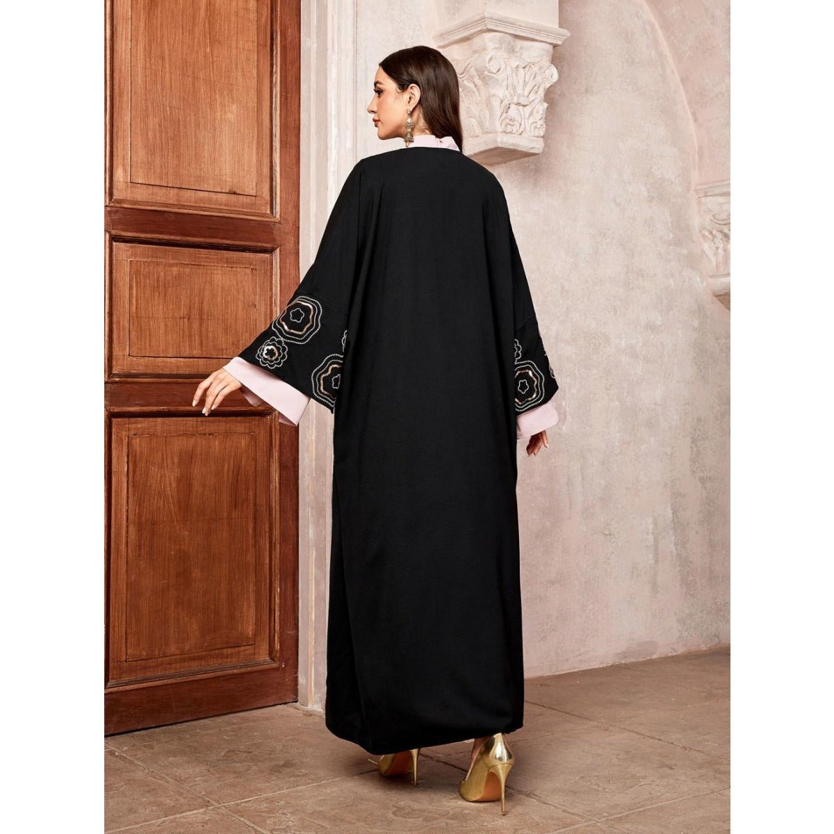 Modest Muslim Luxury Batwing Abaya Set | Black Embroidered Cardigan & Lavender Dress (MOA181)