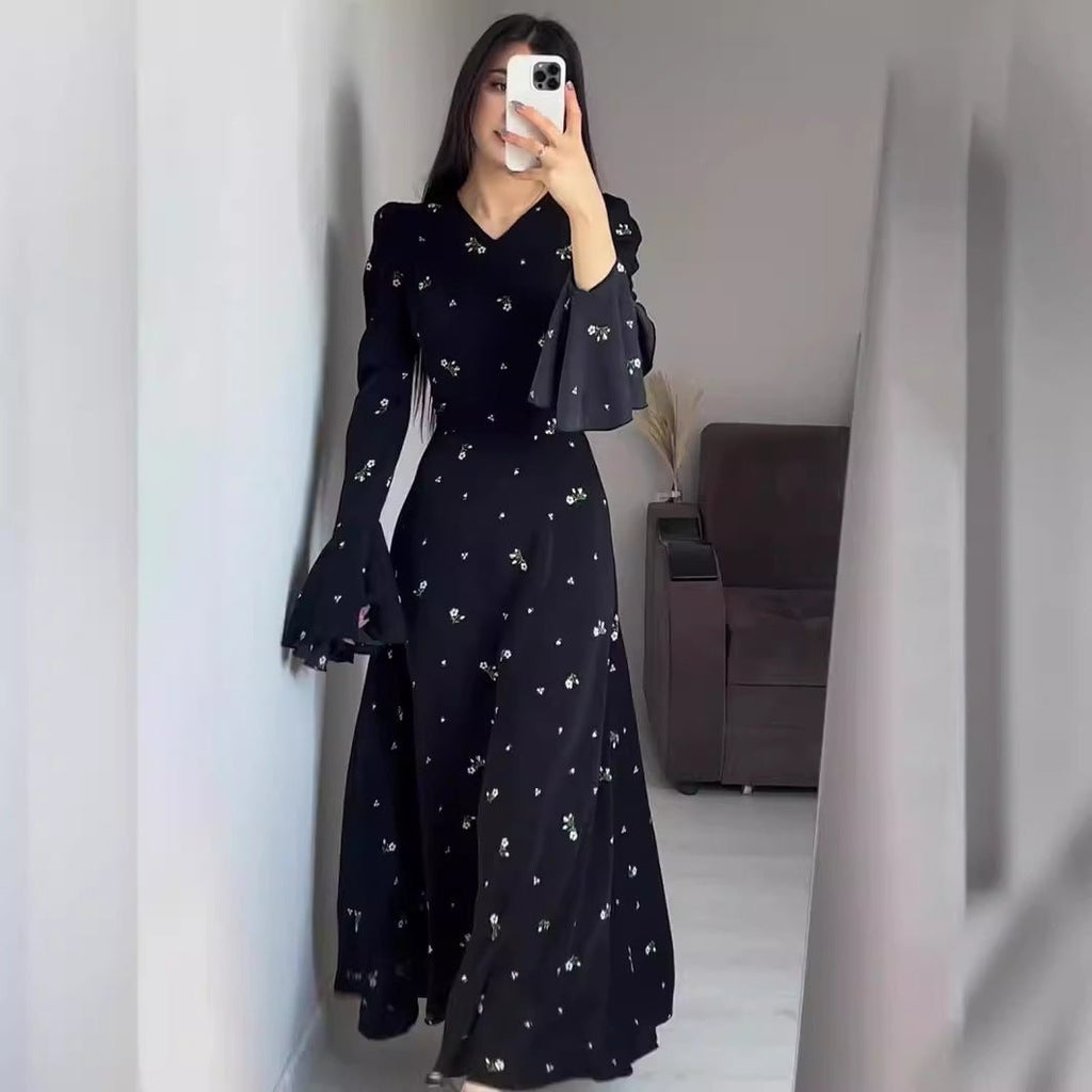 Modest V-Neck Boho Chiffon Black Floral Abaya Dress with Lotus Sleeve Flared Bell Sleeves(MA202)