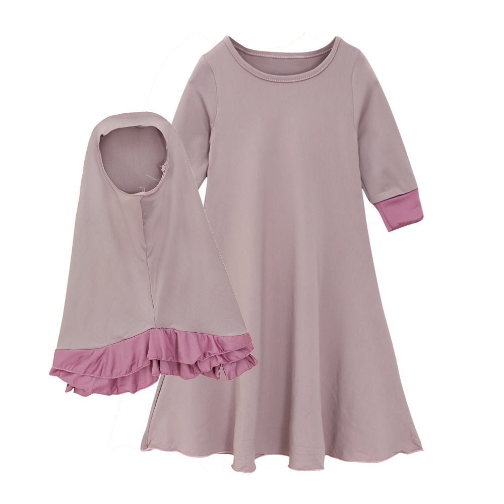 Muslim Girls Dress & Bow Hijab Set with Ruffle Trim (MKG026)