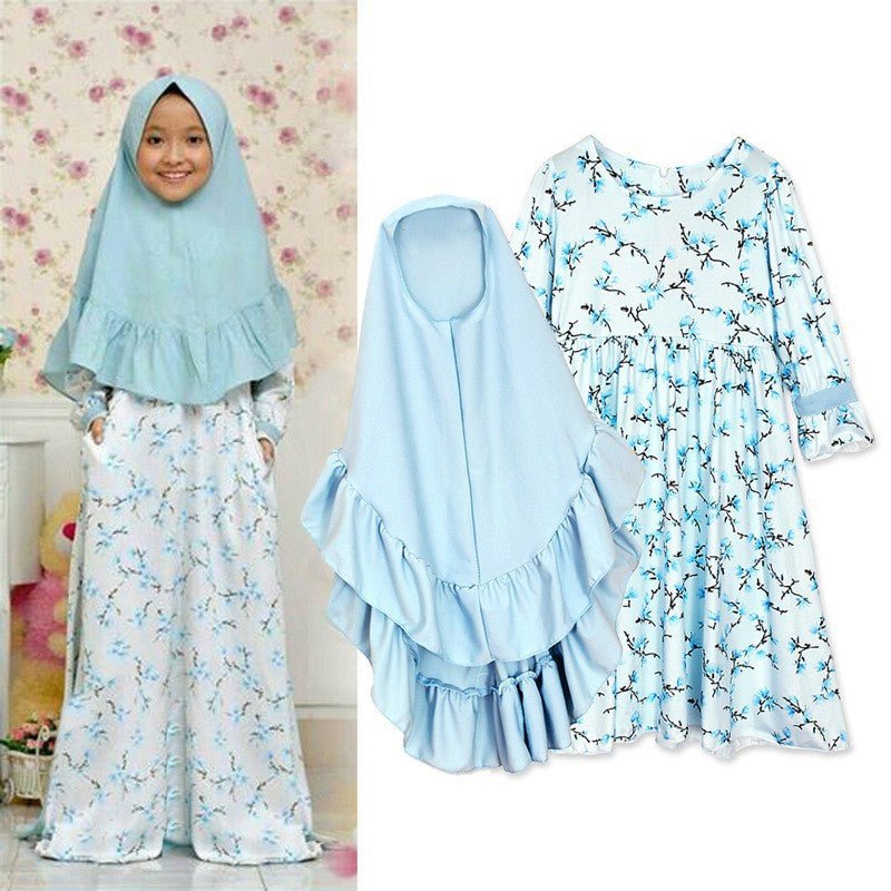 Muslimah Girls Blue Floral Dress & Khimar Set (MKG027)