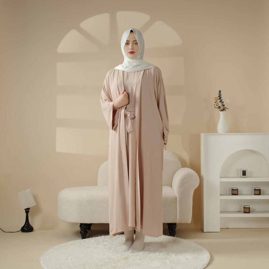 Open Crepe Abaya With Inner Dress & Matching Belt (MOA087)