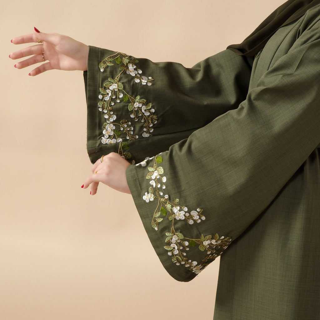 Olive Branch Embroidered Linen Abaya Set With Matching Belt & Hijab (MOA037)