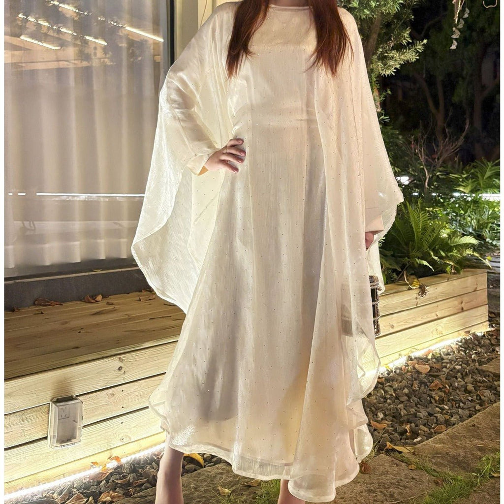 Olive Green Sequin Abaya Dress | Starry Night 2-Piece Maxi Dress with Flowing Cape (MA243)