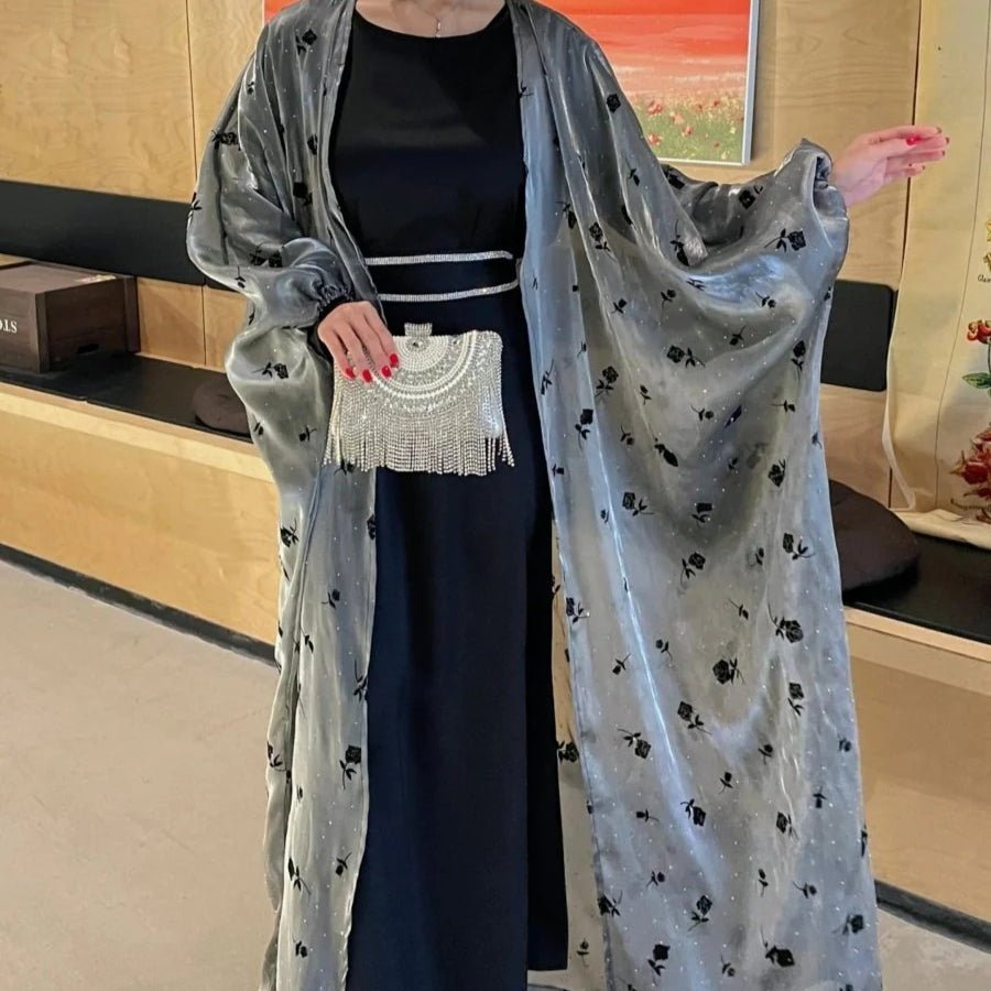 Organza Rose Flower Embroidery Butterfly Open Abaya (MOA115)
