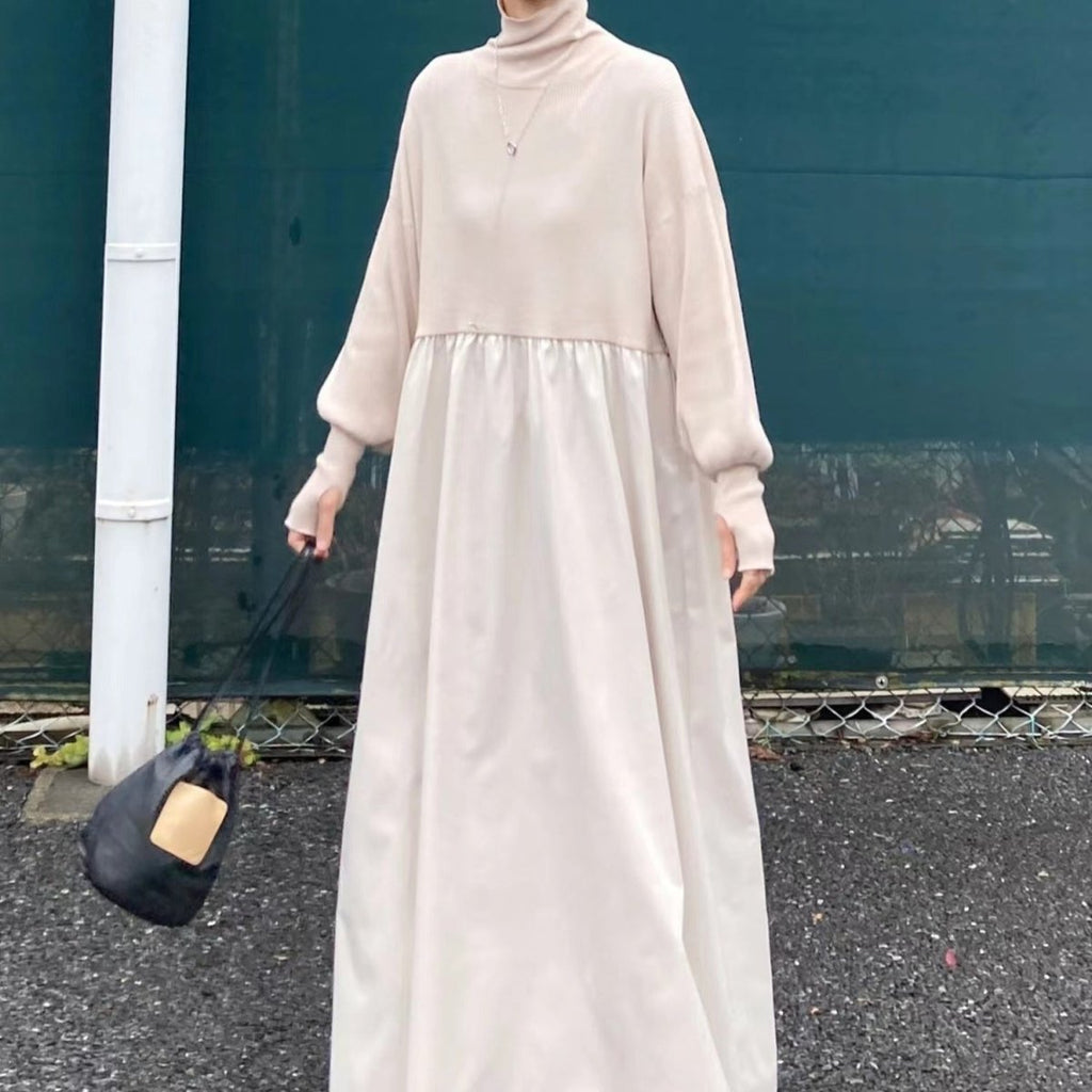 Oversized Turtleneck Maxi Dress | Bubble Sleeve Sweater Dress(MS180)