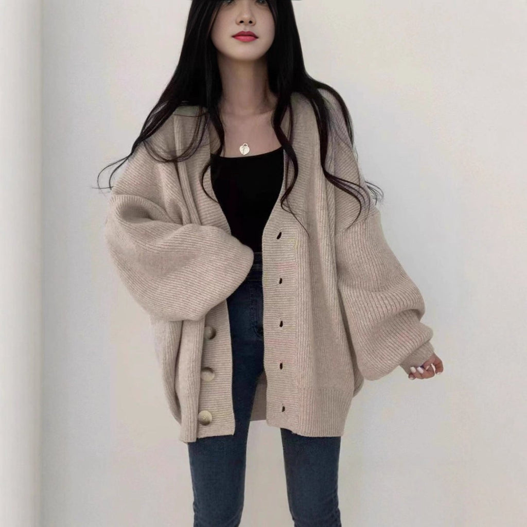 Oversized V-Neck Bubble Sleeve Cardigan(MS167)