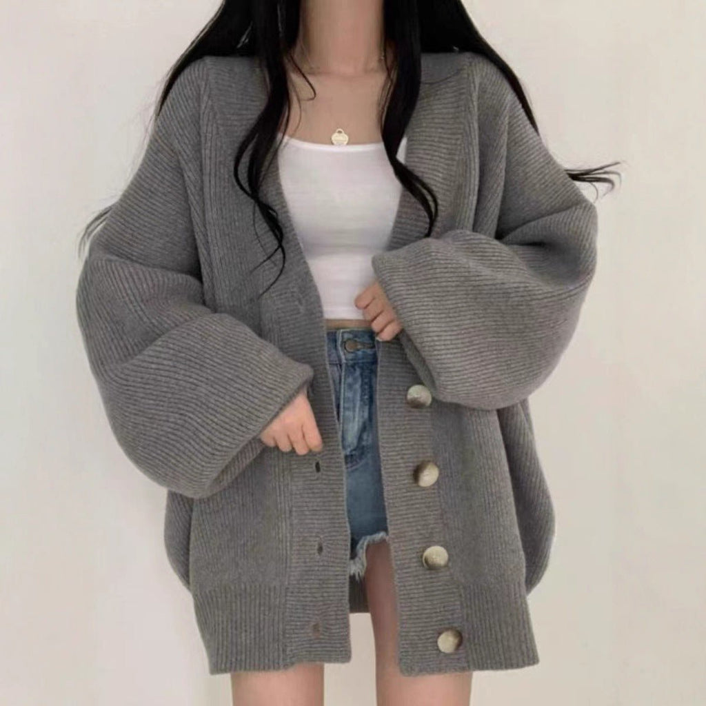 Oversized V-Neck Bubble Sleeve Cardigan(MS167)