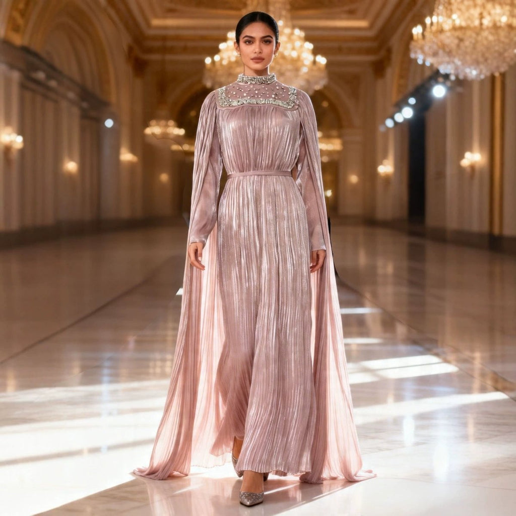 Pearl & Crystal Beaded Pleated Chiffon Maxi Gown(MA441)
