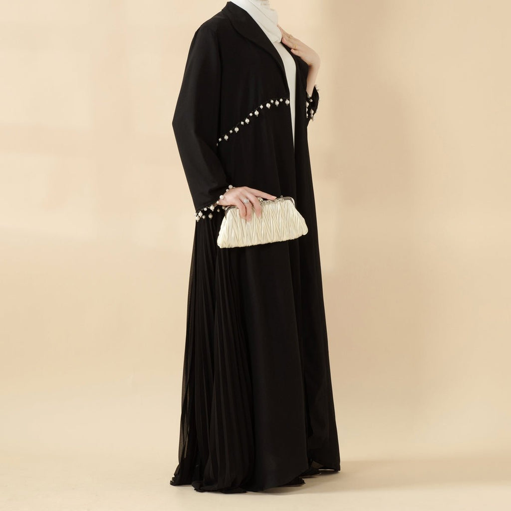 Pearl Embellished Accordion Pleat Back Open Abaya (MOA127)