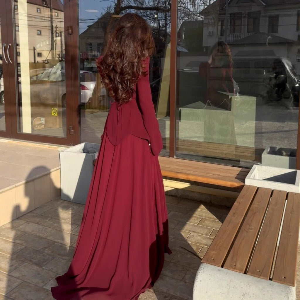 Pearl-Embellished Square Neck Maxi Dress | Modest Gowns with Long Sleeves(MA269)