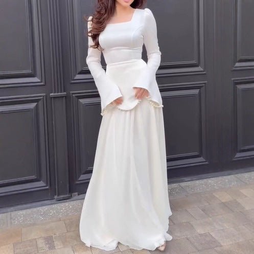 Pearl-Embellished Square Neck Maxi Dress | Modest Gowns with Long Sleeves(MA269)