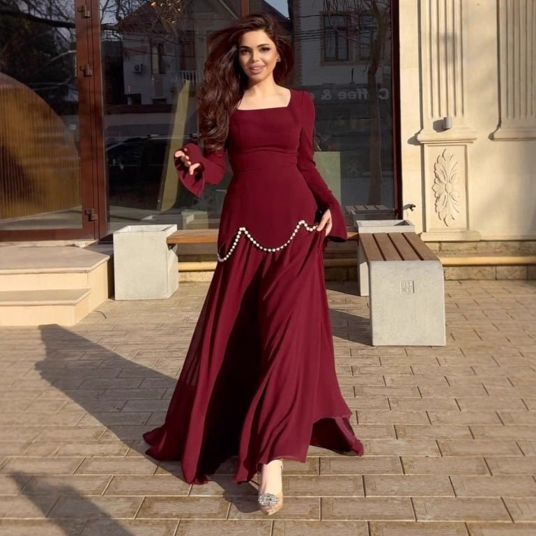Pearl-Embellished Square Neck Maxi Dress | Modest Gowns with Long Sleeves(MA269)