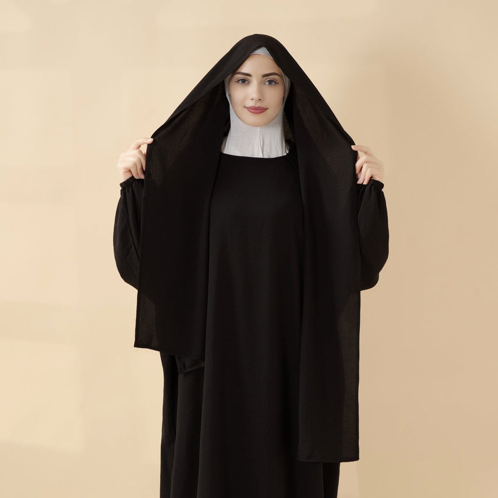 Cocoon-Cut Crepe Abaya Perfect For Umrah With One-Piece Hijab Attached (MA143)