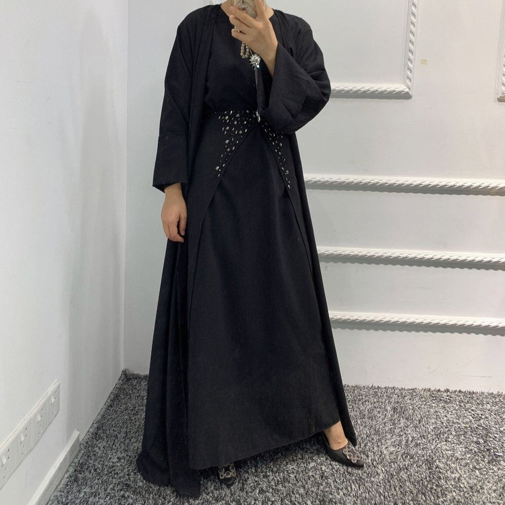 Pineapple Crinkle Solid Color Elegant Open Abaya 3-Piece Set (MOA131)