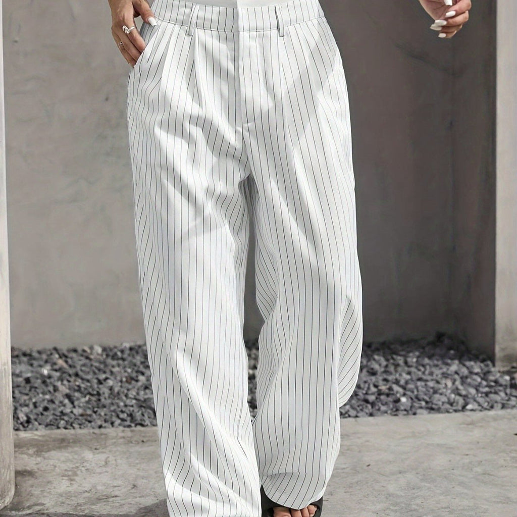 Pinstripe Wide-Leg Pants | High Waist Contrast Waistband Trousers(MS244)