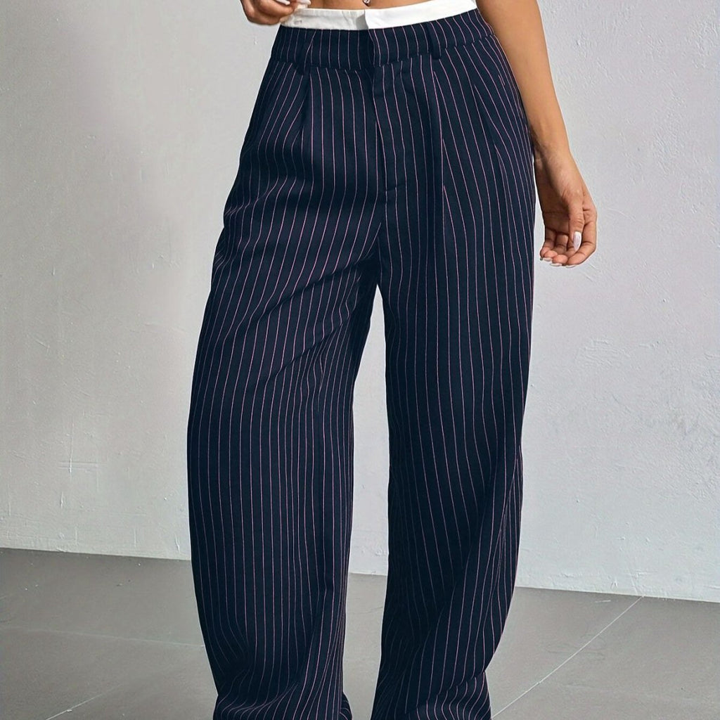 Pinstripe Wide-Leg Pants | High Waist Contrast Waistband Trousers(MS244)