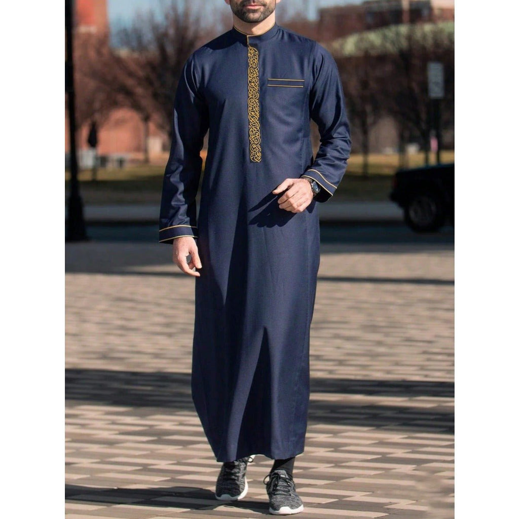 Premium Embroidered Stand Collar Thobe Navy & White Loose Fit Muslim Robe with Gold Stitching - Modest Casual Wear (MT034)