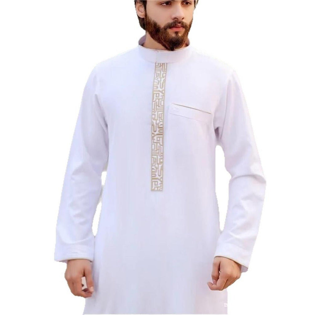 Premium Gold Islamic Geometric Print Men's Thobe Long Robe with Stand Collar & Side Pocket (MT028)