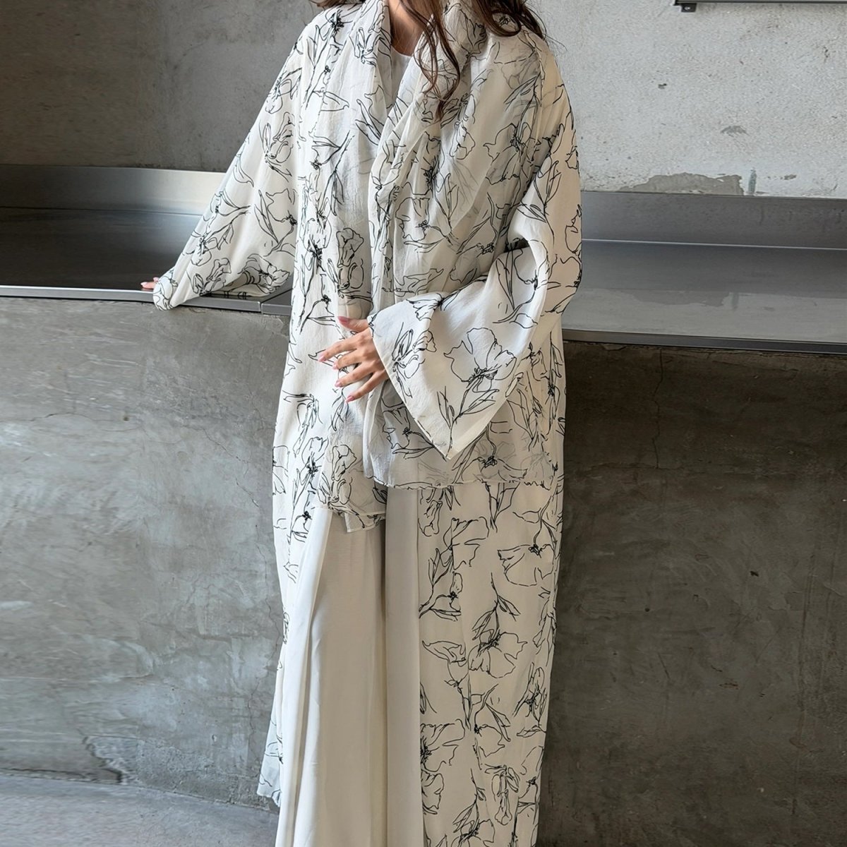 Printed Double-Layer Open Abaya & Hijab Set(MOA324)