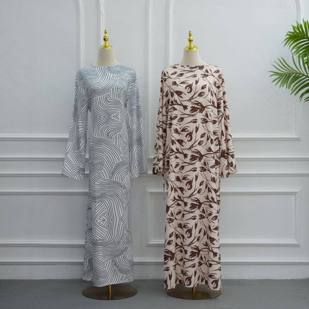 Printed Washed-Crinkle Bell Sleeve Maxi Dress(MS474)