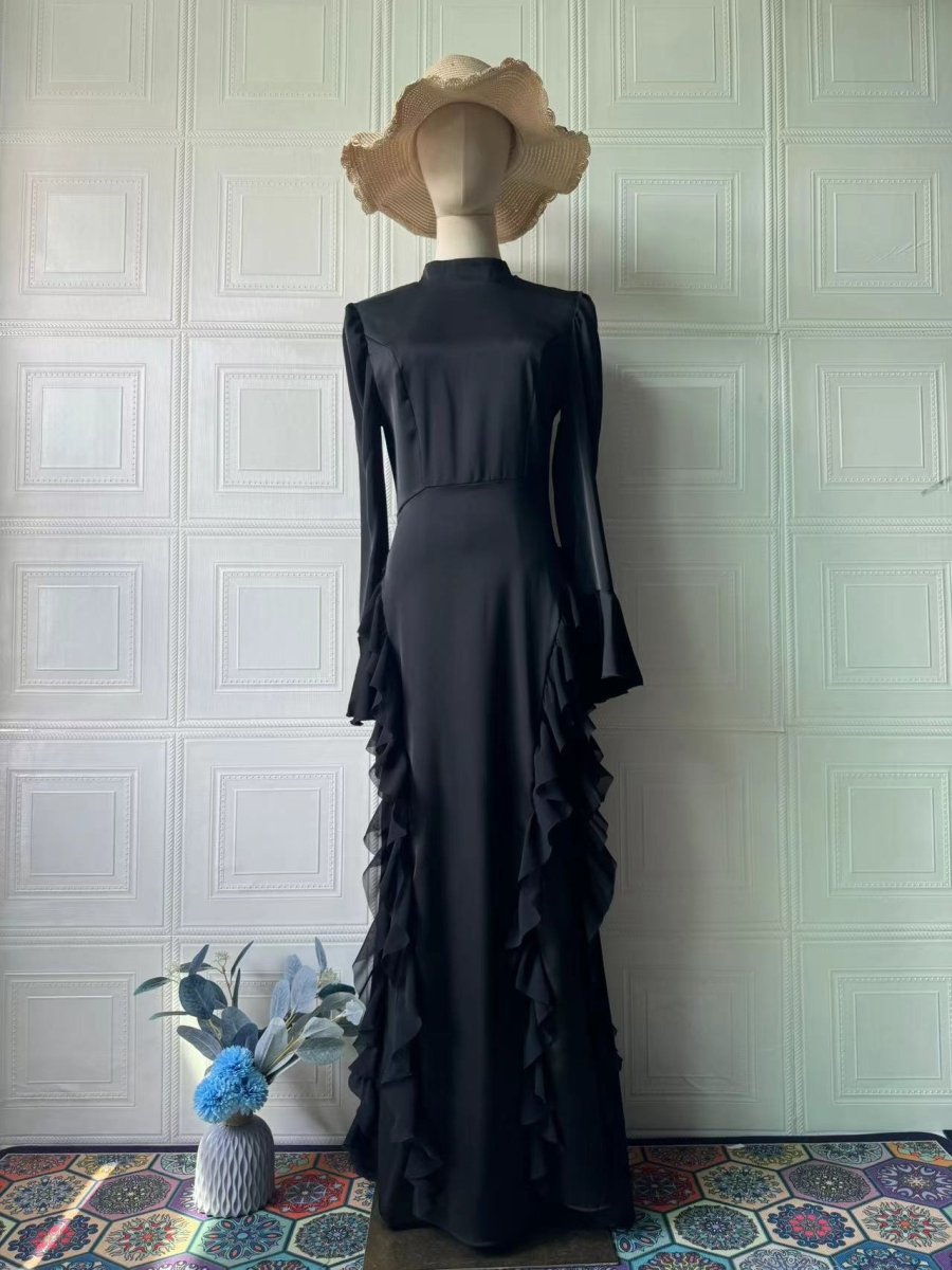 Regal Satin Court Dress Semi-Turtleneck Chiffon Lace-Up Maxi with Bell Sleeves & Tiered Ruffles (MA235)