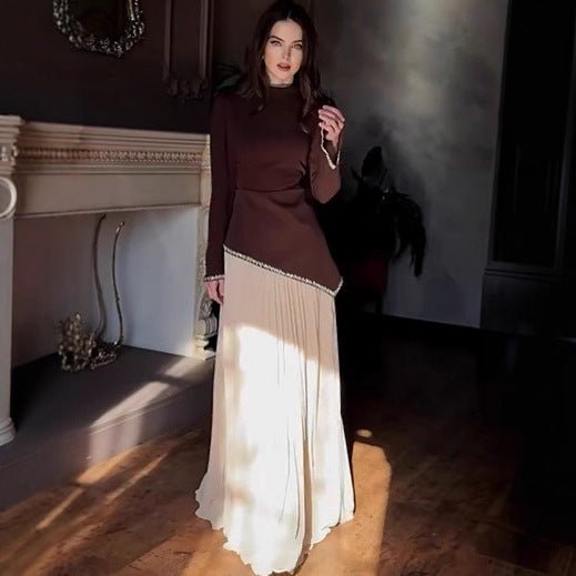 Rhinestone-Trimmed Top & Pleated Skirt Set(MS317)