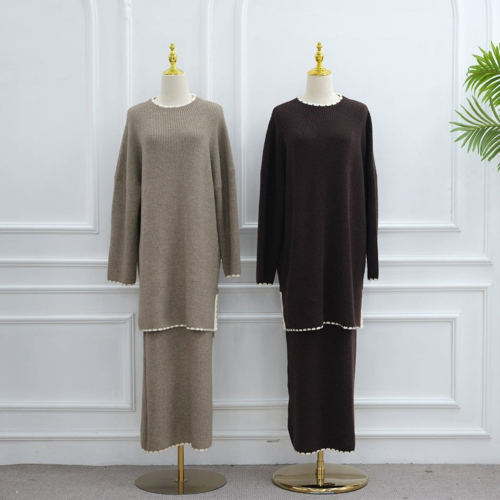 Ribbed Knit Sweater & Skirt Set with Contrast Trim (MS301)