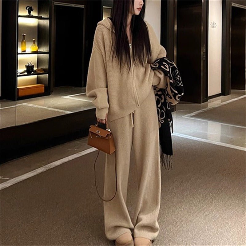 Ribbed Knit Zip-Up Hoodie Autumn Two-Piece Loungewear(MS162)