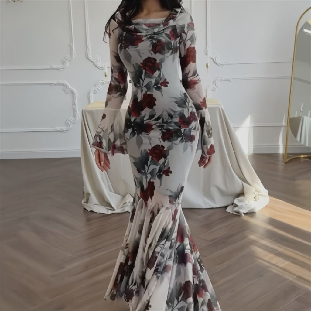 Romantic Floral Mermaid Dress | Elegant Ruffle Hem Long Sleeve French Style Maxi Dress(MS268)