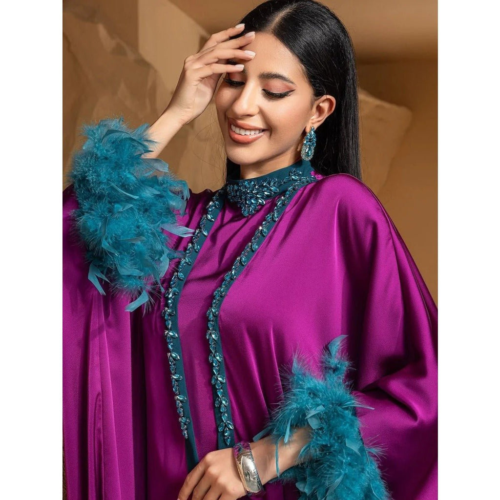 Rose Purple Luxury Feather-Embellished Abaya Dress Two-Piece Set with Crystal & Bead Details (MOA159)