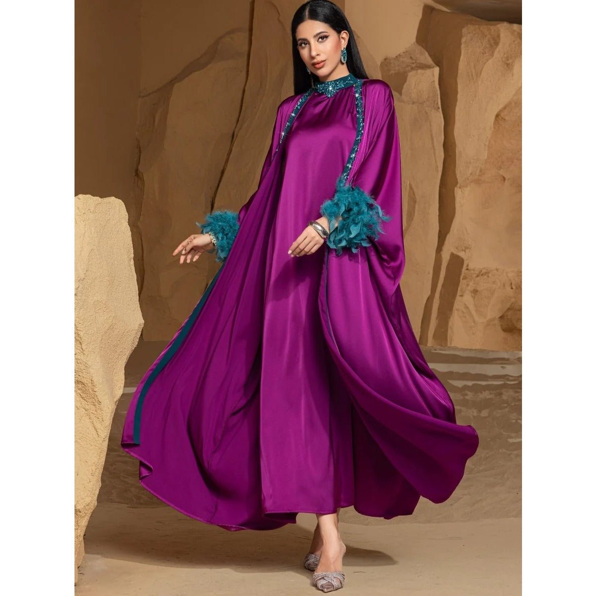 Rose Purple Luxury Feather-Embellished Abaya Dress Two-Piece Set with Crystal & Bead Details (MOA159)