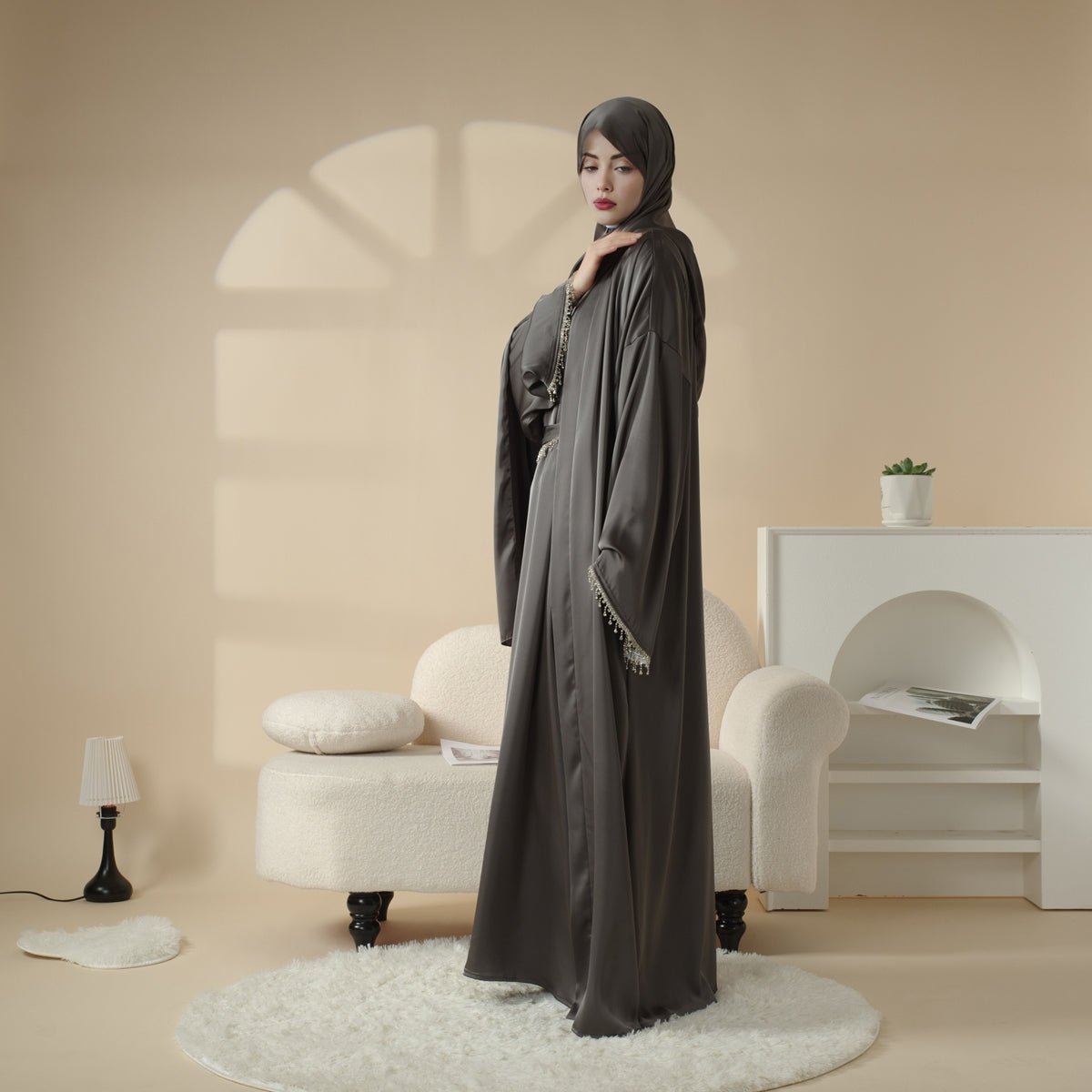 Satin Abaya With Matching Belt Made Of Diamond Tassel (MOA010)
