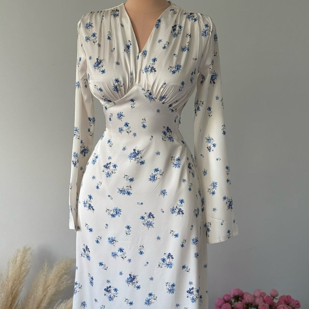 Satin Floral Print V-Neck Maxi Dress(MS378)