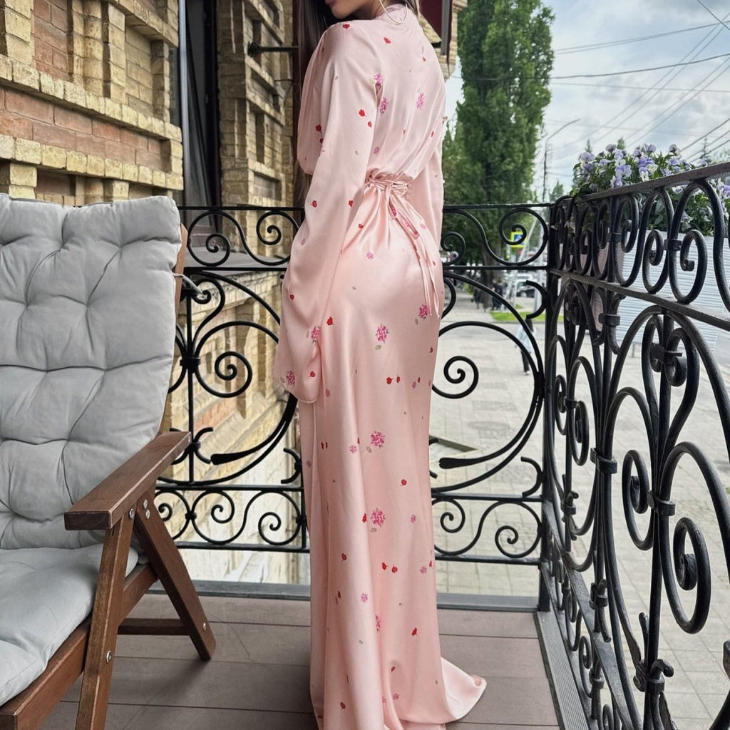 Satin Floral Print Wrap Dress(MS377)