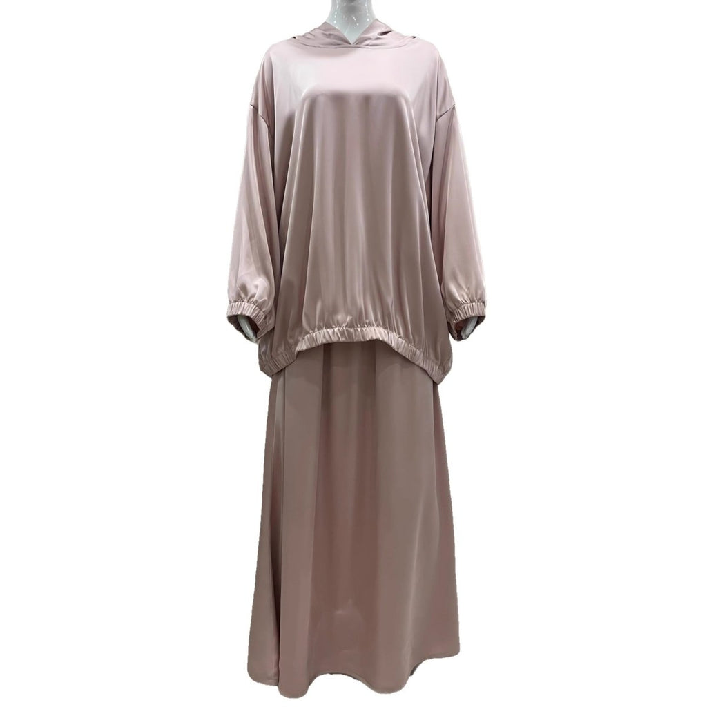 Satin Two-Piece Set with Hooded Top & Maxi Skirt(MS348)