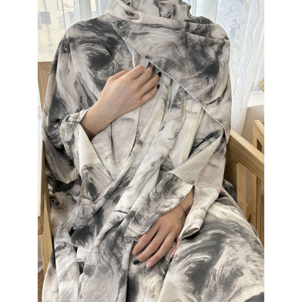 Serene Ink Wash Abaya Collection | Watercolor Print Cardigan with Matching Hijab (MOA178)