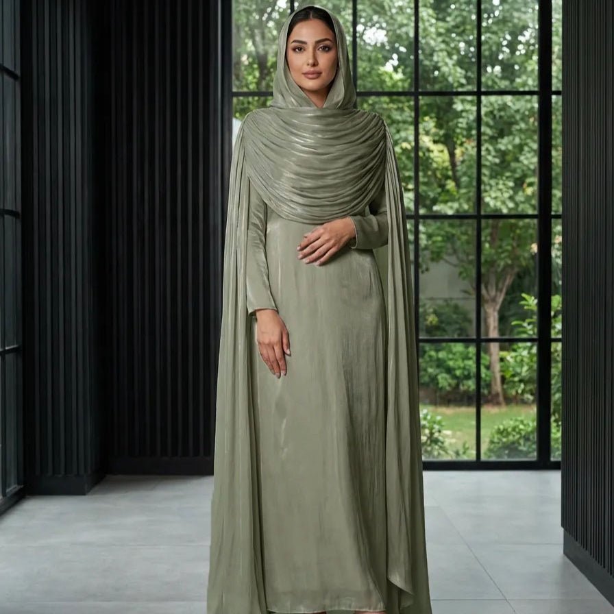 Shimmer Island Silk Cape Sleeve Abaya Dress with Matching Hijab(MA429)