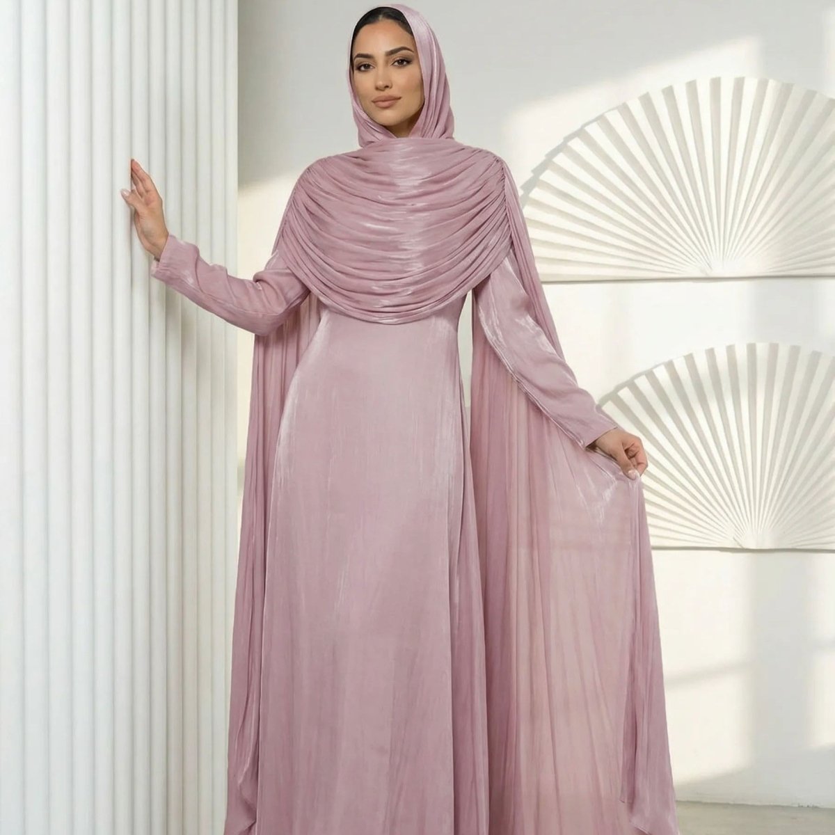 Shimmer Island Silk Cape Sleeve Abaya Dress with Matching Hijab(MA429)