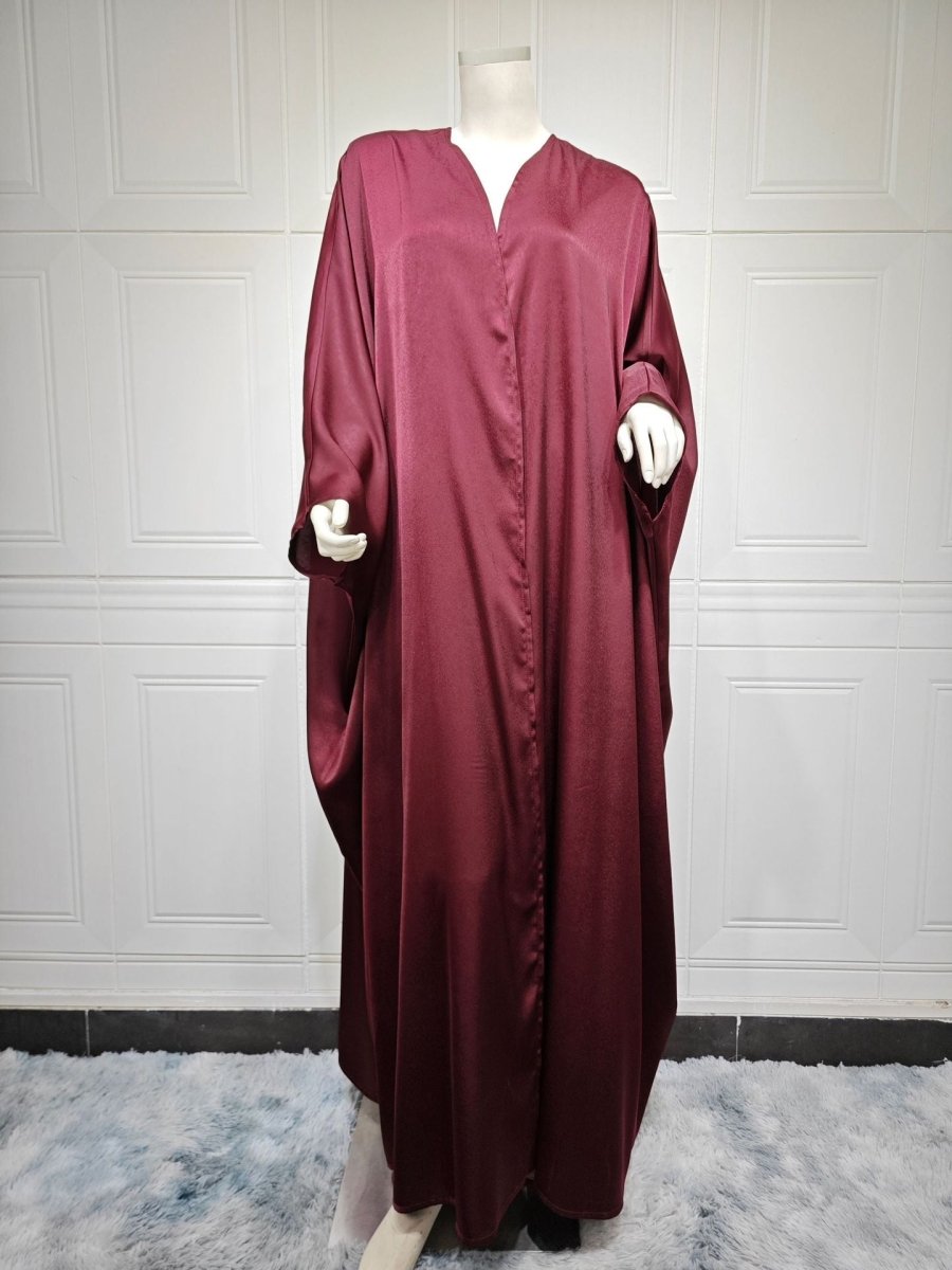Soft Forged Bat Sleeve Abaya Robe | V-Neck Satin Cardigan Dress(MOA224)
