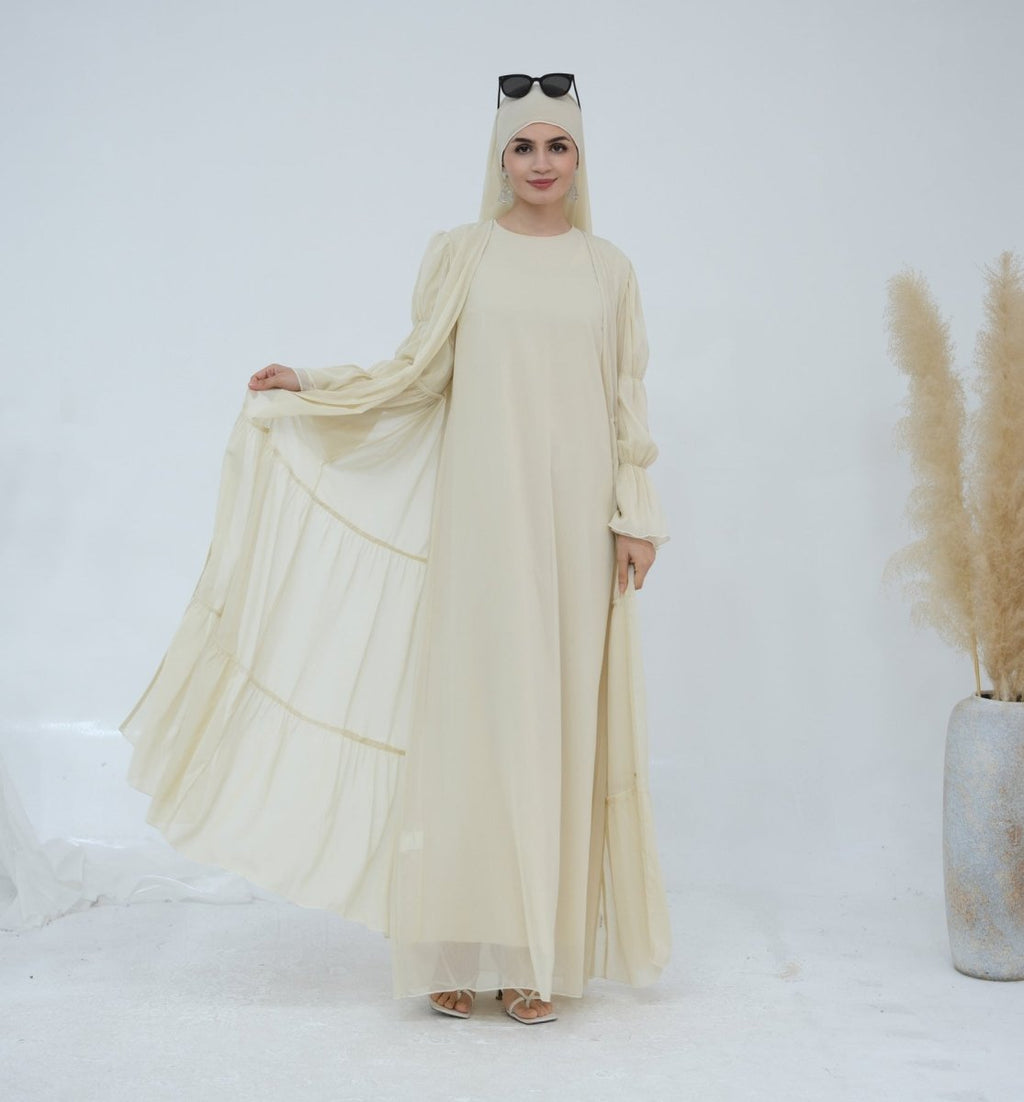 Solid Color Layered Chiffon Elegant Open Abaya 3-Piece Set (MOA132)