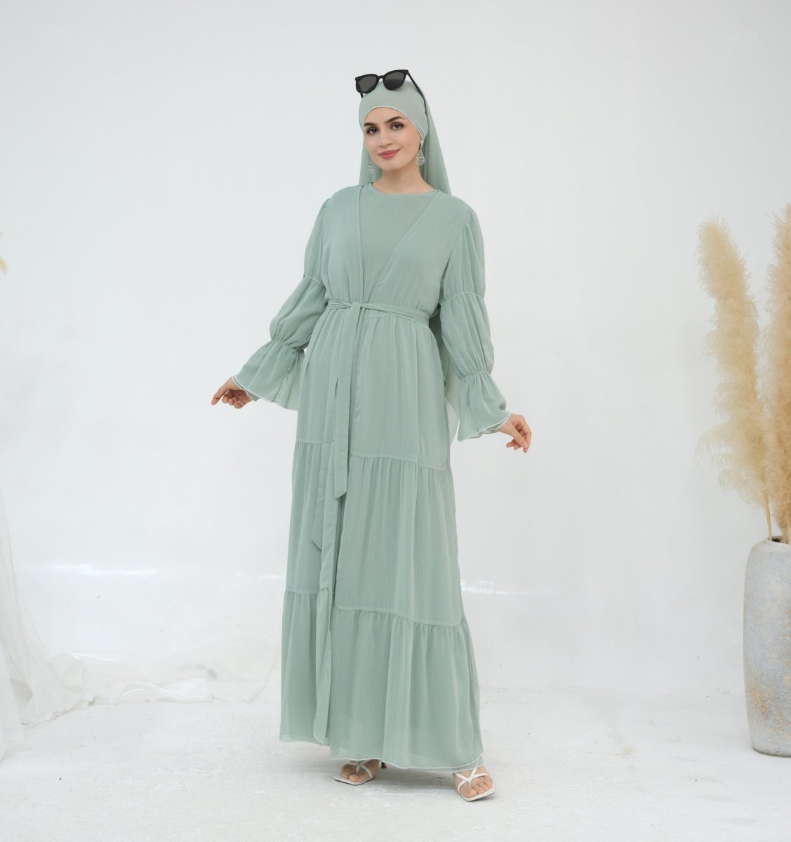 Solid Color Layered Chiffon Elegant Open Abaya 3-Piece Set (MOA132)