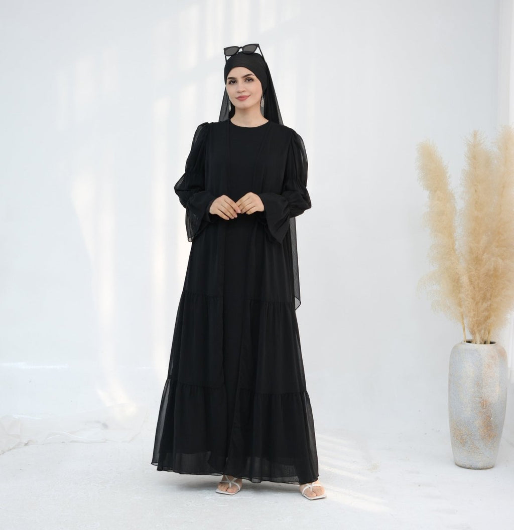 Solid Color Layered Chiffon Elegant Open Abaya 3-Piece Set (MOA132)