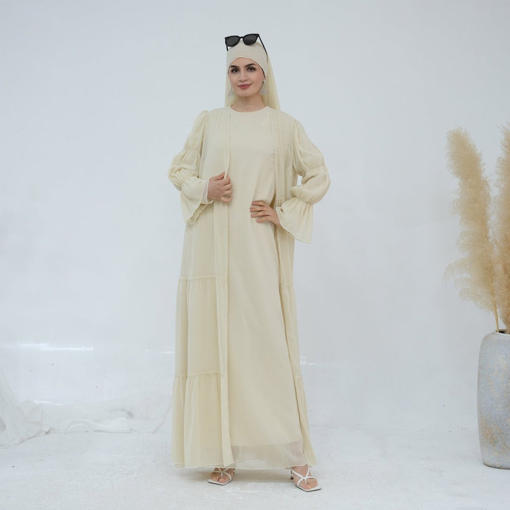 Solid Color Layered Chiffon Elegant Open Abaya 3-Piece Set (MOA132)