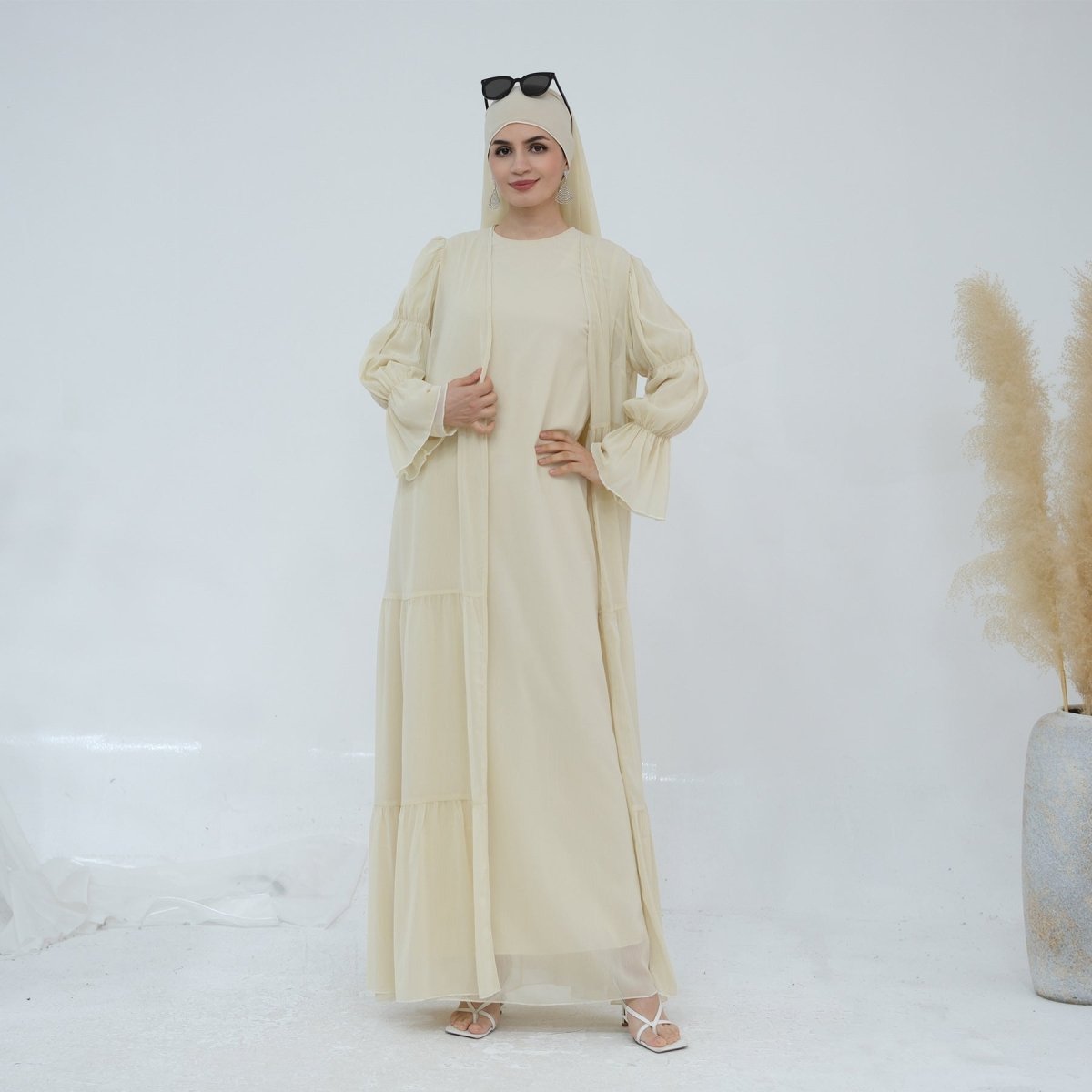 Solid Color Layered Chiffon Elegant Open Abaya 3-Piece Set (MOA132)