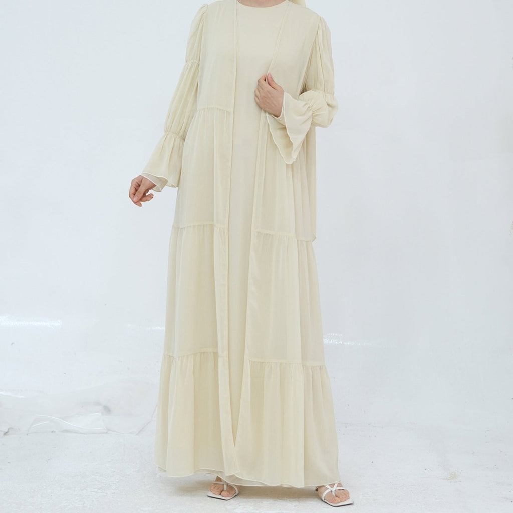 Solid Color Layered Chiffon Elegant Open Abaya 3-Piece Set (MOA132)
