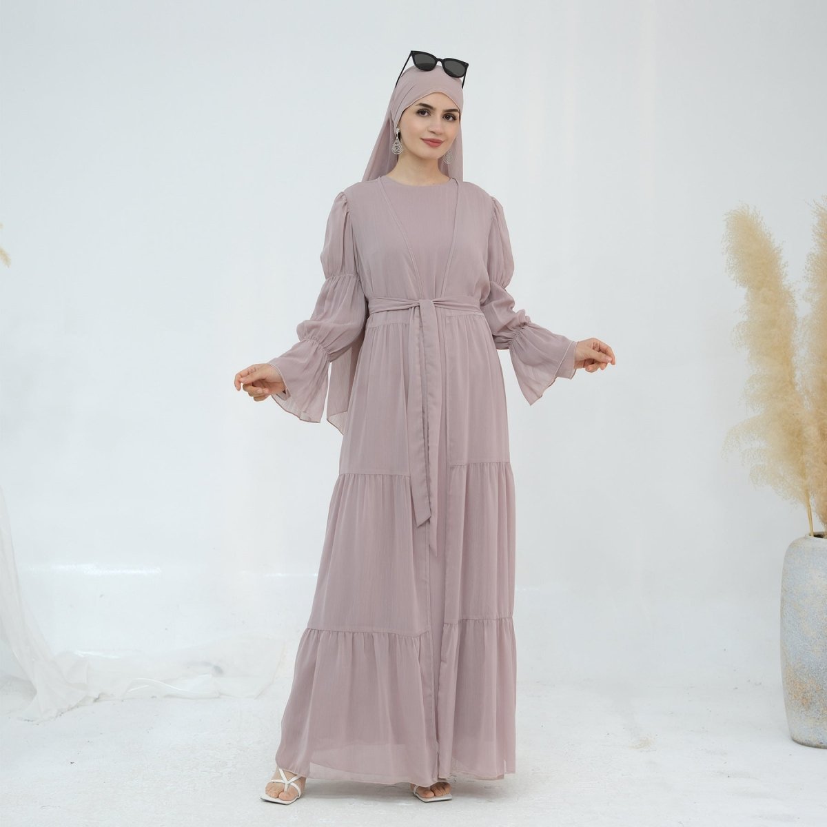 Solid Color Layered Chiffon Elegant Open Abaya 3-Piece Set (MOA132)