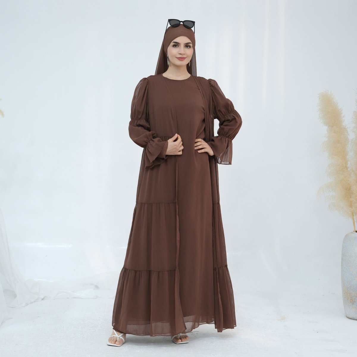 Solid Color Layered Chiffon Elegant Open Abaya 3-Piece Set (MOA132)