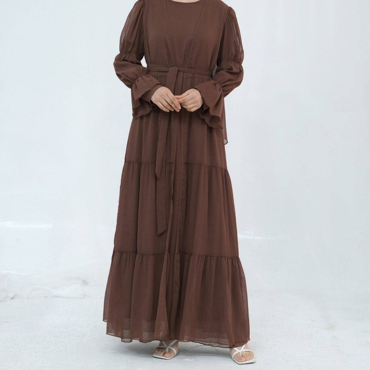 Solid Color Layered Chiffon Elegant Open Abaya 3-Piece Set (MOA132)
