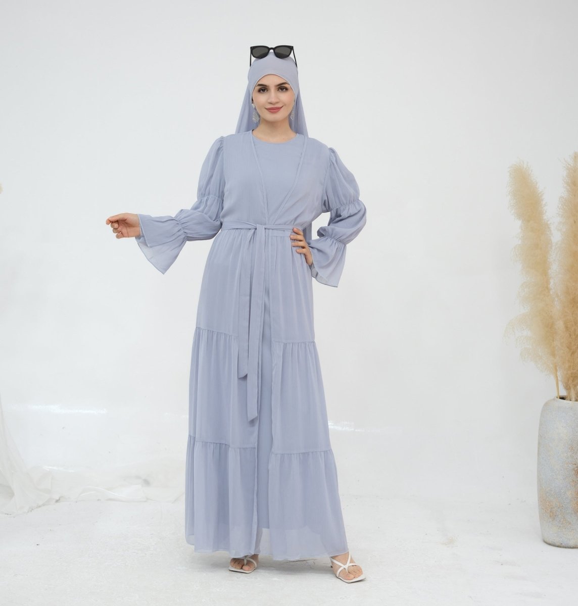 Solid Color Layered Chiffon Elegant Open Abaya 3-Piece Set (MOA132)