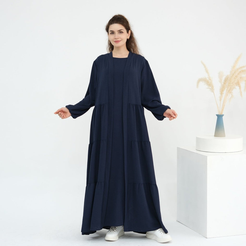 Solid Color Puff Sleeve Layered Maxi Dress Robe Dress Two-Piece Set (MOA165)